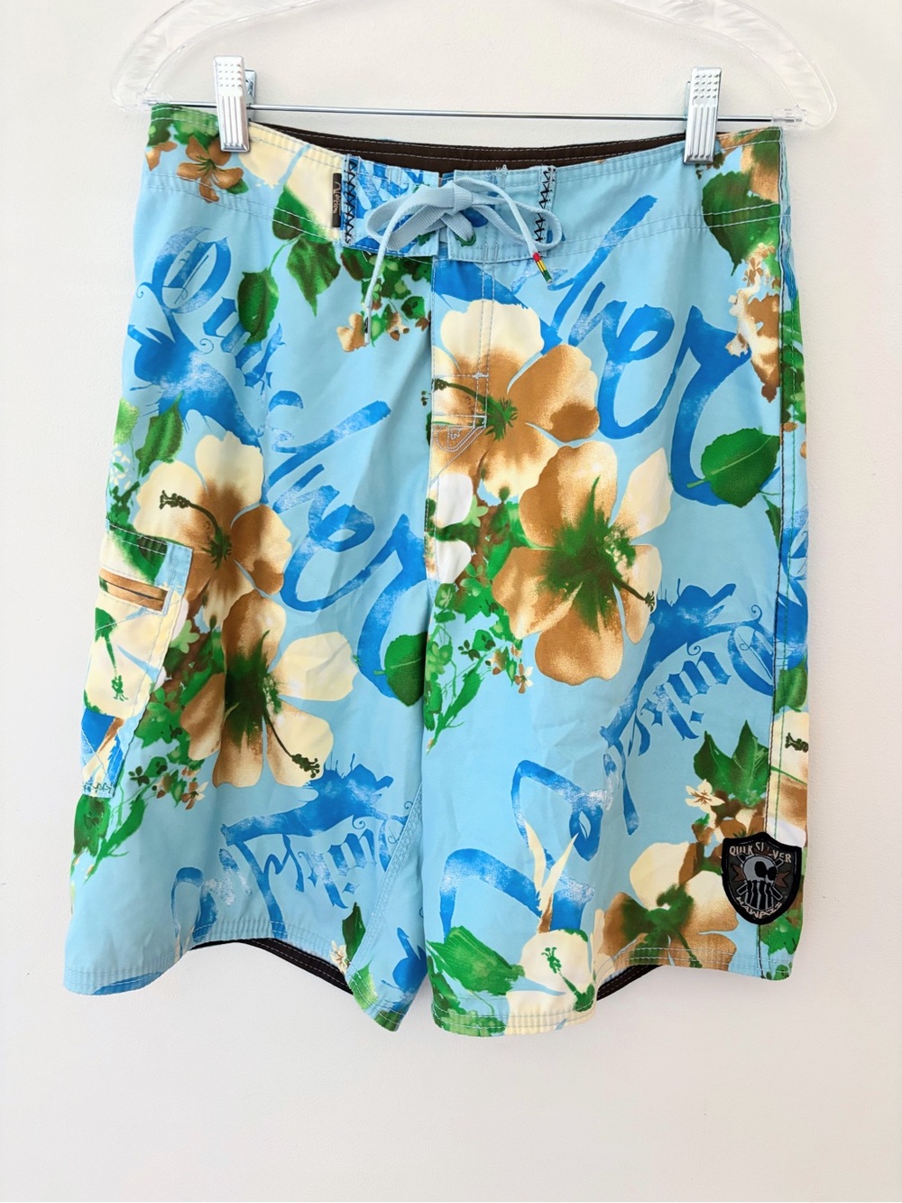 Quiksilver blue hibiscus Hawaiian long board shorts swim surf trunks medium 30